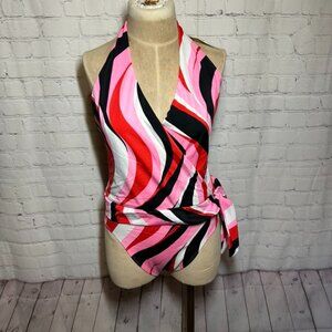 NWT Shape FX 70s swirl neon patterned halter one piece swim suit size 12